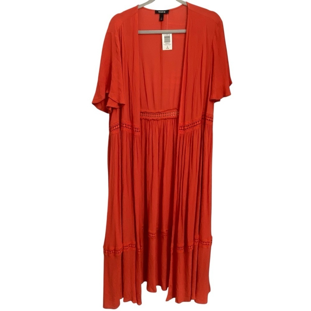 NWT TORRID Short Sleeve Crochet Detail Long Open Front Duster Size 2(2X 18-20)